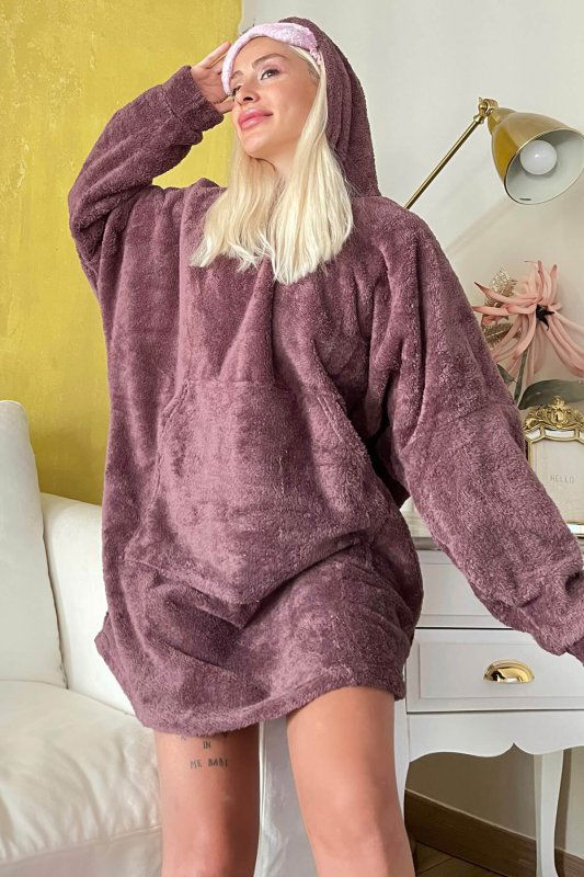 Acı Kahve Kapşonlu Tam Peluş Oversize Sweat Panço Pijama - Pijamaevi