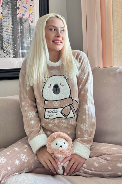 Acı Kahve Ready Bear Desenli Peluş Polar Pijama Takımı - 1