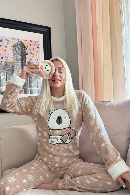 Acı Kahve Ready Bear Desenli Peluş Polar Pijama Takımı - 2