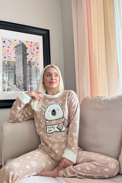Acı Kahve Ready Bear Desenli Peluş Polar Pijama Takımı - 3