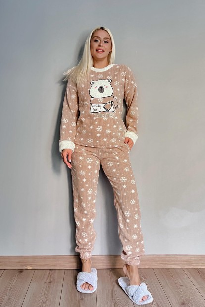 Acı Kahve Ready Bear Desenli Peluş Polar Pijama Takımı - 4