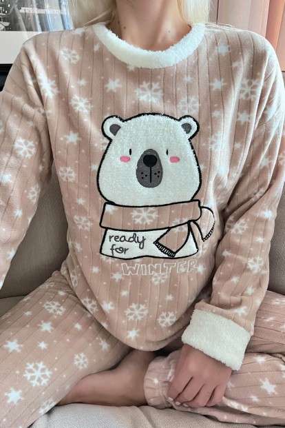Acı Kahve Ready Bear Desenli Peluş Polar Pijama Takımı - 5