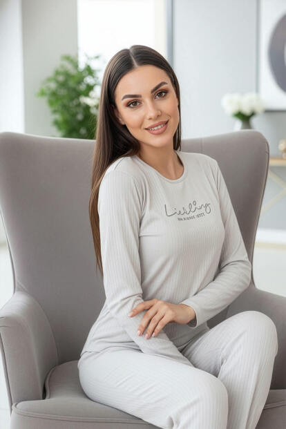 Açık Gri Liebling Desenli Uzun Kollu Dublin Örme Kadın Pijama Takımı - 2