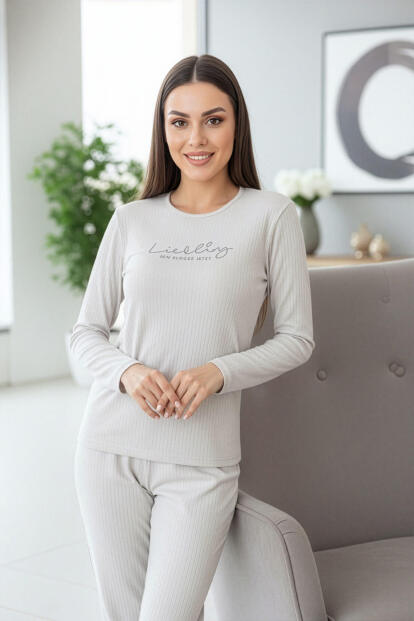 Açık Gri Liebling Desenli Uzun Kollu Dublin Örme Kadın Pijama Takımı - 3
