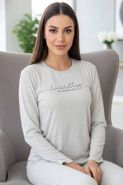 Açık Gri Liebling Desenli Uzun Kollu Dublin Örme Kadın Pijama Takımı - 6