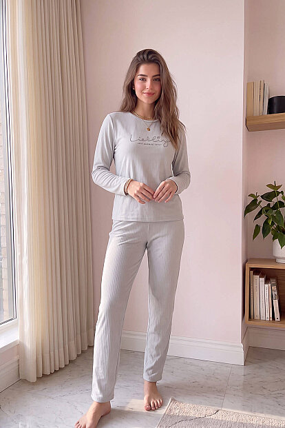 Açık Gri Liebling Desenli Uzun Kollu Dublin Örme Kadın Pijama Takımı - 6