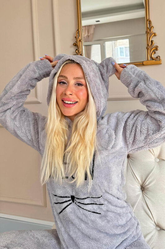 Açık Gri Meow Desenli Tam Peluş Pijama Takımı - Pijamaevi (1)