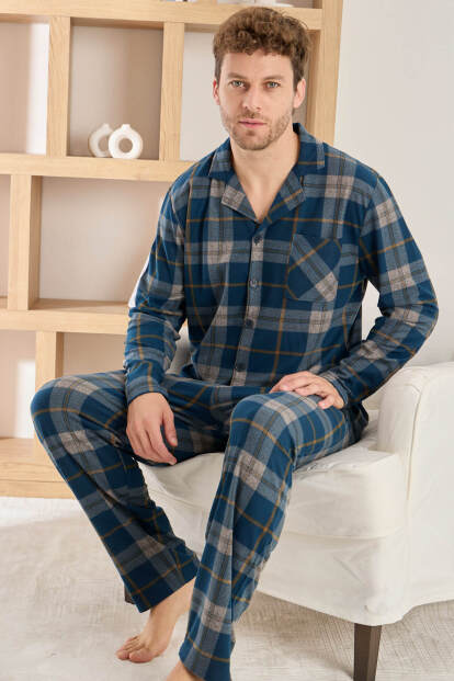 Açık Lacivert Ekose Desenli Önden Düğmeli Elegant Erkek Pijama Takımı 
