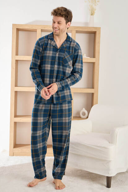 Açık Lacivert Ekose Desenli Önden Düğmeli Elegant Erkek Pijama Takımı - 2