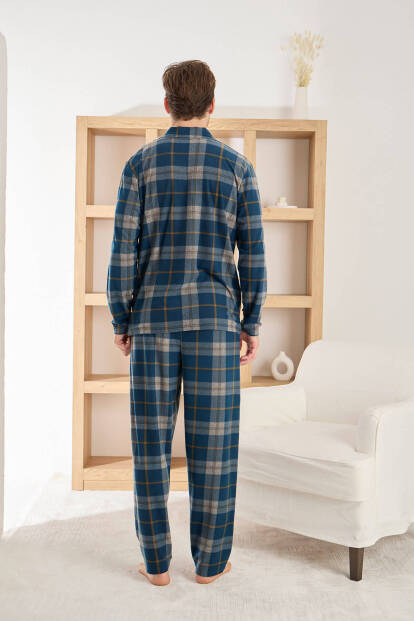 Açık Lacivert Ekose Desenli Önden Düğmeli Elegant Erkek Pijama Takımı - 3