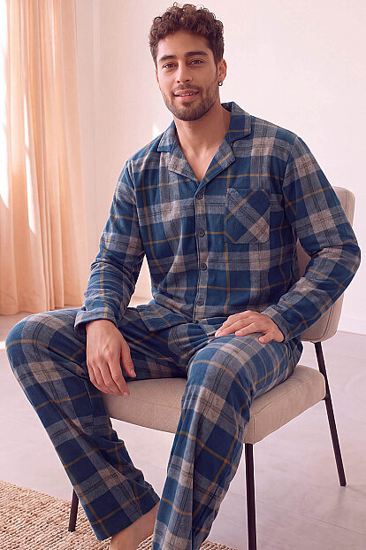 Açık Lacivert Ekose Desenli Önden Düğmeli Elegant Erkek Pijama Takımı 