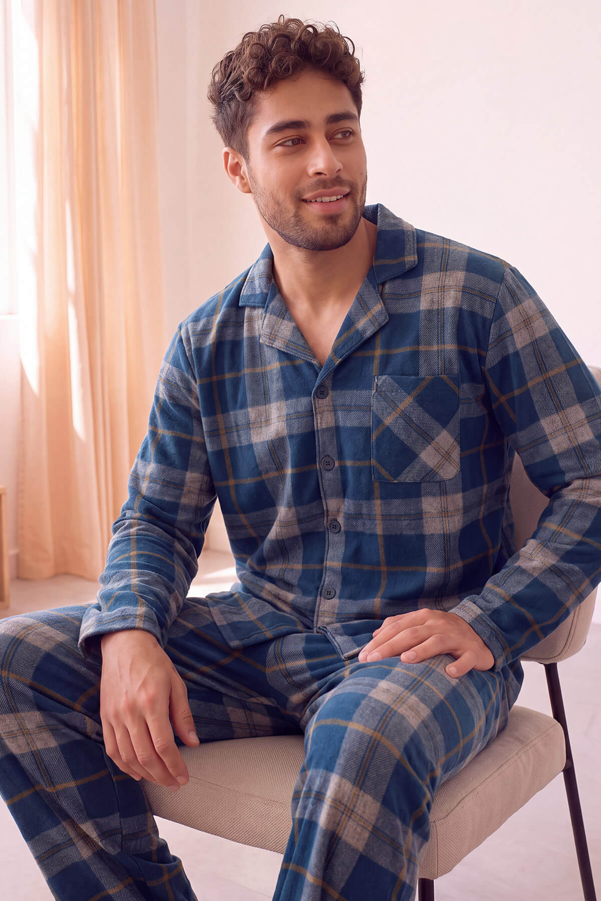 Açık Lacivert Ekose Desenli Önden Düğmeli Elegant Erkek Pijama Takımı - Pijamaevi (1)