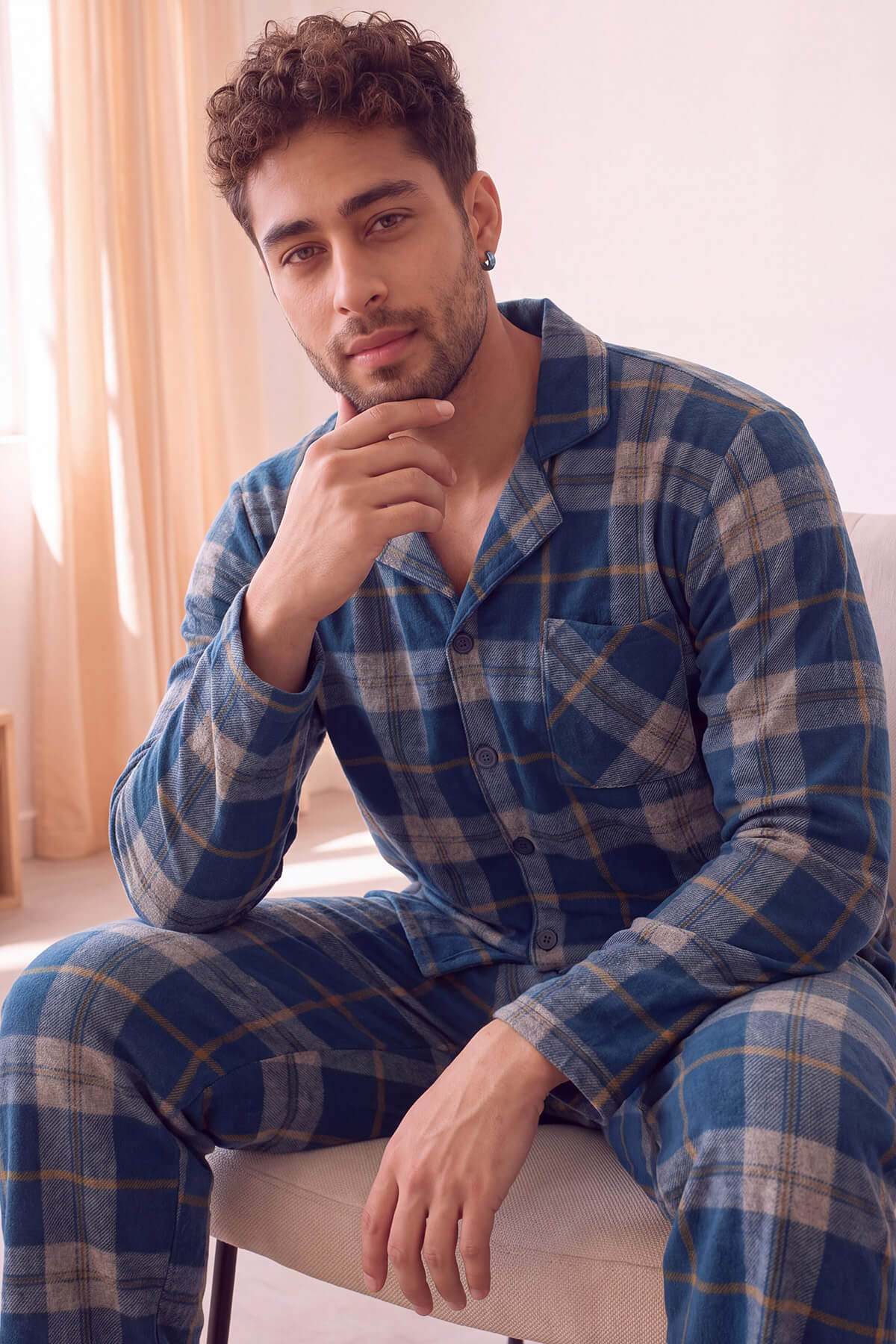 Açık Lacivert Ekose Desenli Önden Düğmeli Elegant Erkek Pijama Takımı - Pijamaevi (2)