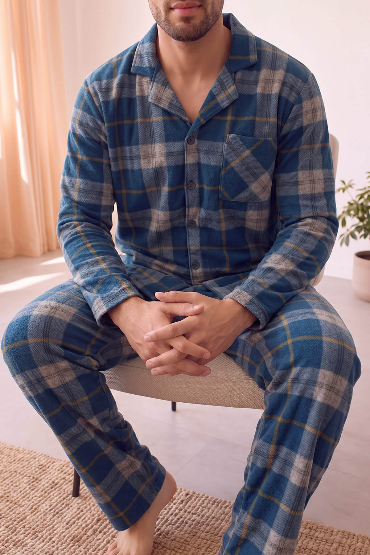 Açık Lacivert Ekose Desenli Önden Düğmeli Elegant Erkek Pijama Takımı - Pijamaevi (3)