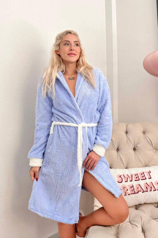Açık Mavi Home Desenli Kapşonlu Peluş Kadın Sabahlık - Pijamaevi (3)