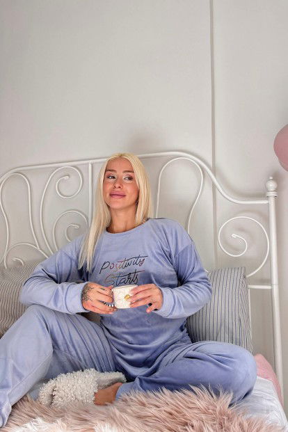 Açık Mavi Positiv Desenli Exclusive Kadife Kadın Pijama Takımı  - 3