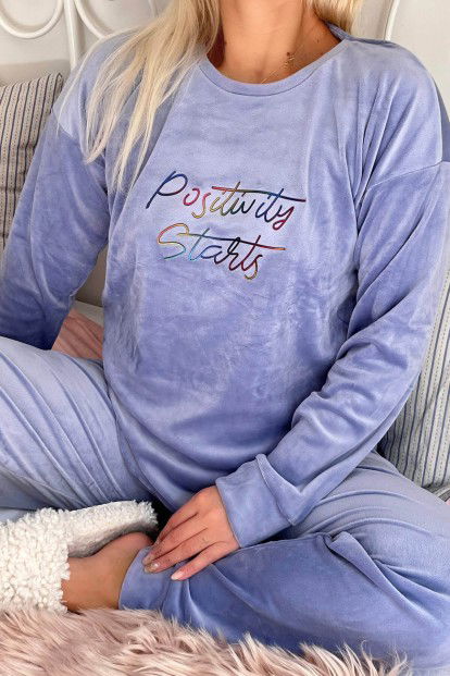 Açık Mavi Positiv Desenli Exclusive Kadife Kadın Pijama Takımı  - 4