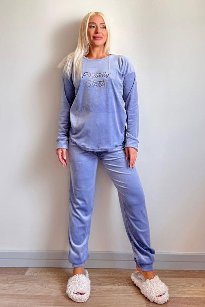 Açık Mavi Positiv Desenli Exclusive Kadife Kadın Pijama Takımı  - 5