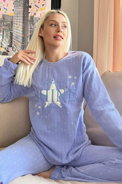 Açık Mavi Shine Desenli Peluş Polar Pijama Takımı 