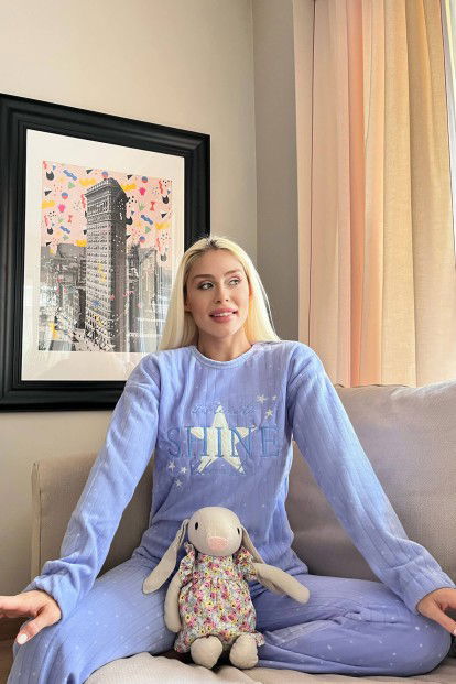 Açık Mavi Shine Desenli Peluş Polar Pijama Takımı - 2