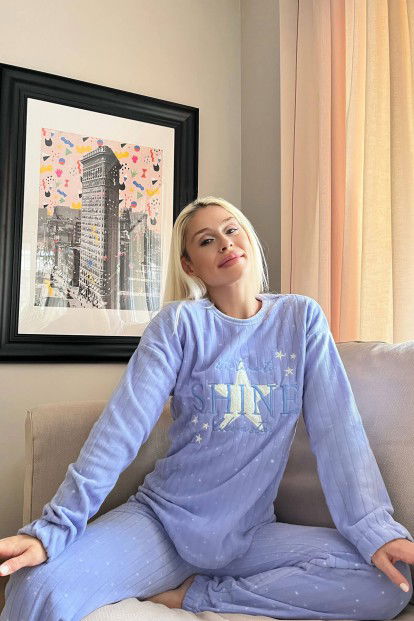 Açık Mavi Shine Desenli Peluş Polar Pijama Takımı - 3