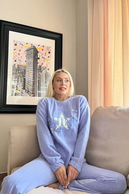 Açık Mavi Shine Desenli Peluş Polar Pijama Takımı - 4