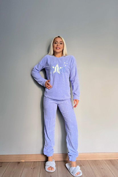 Açık Mavi Shine Desenli Peluş Polar Pijama Takımı - 5