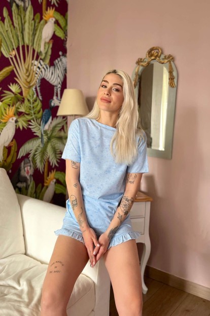 Açık Mavi Stars Baskılı Şortlu Kadın Pijama Takımı - 2
