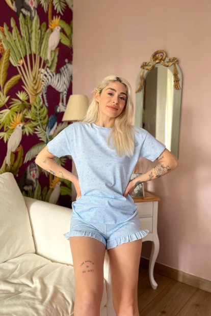 Açık Mavi Stars Baskılı Şortlu Kadın Pijama Takımı - 3