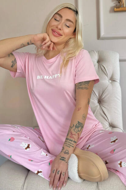 Açık Pembe Be Happy Desenli Bambu Kısa Kol Kadın Pijama Takımı 