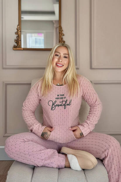 Açık Pembe Beautiful Desenli Kanguru Cepli Peluş Polar Pijama Takımı - 2