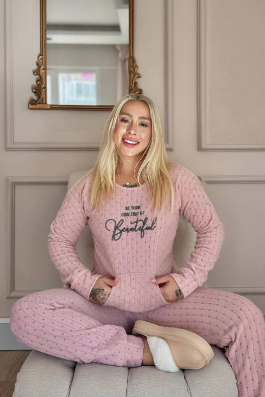Açık Pembe Beautiful Desenli Kanguru Cepli Peluş Polar Pijama Takımı - Pijamaevi (1)