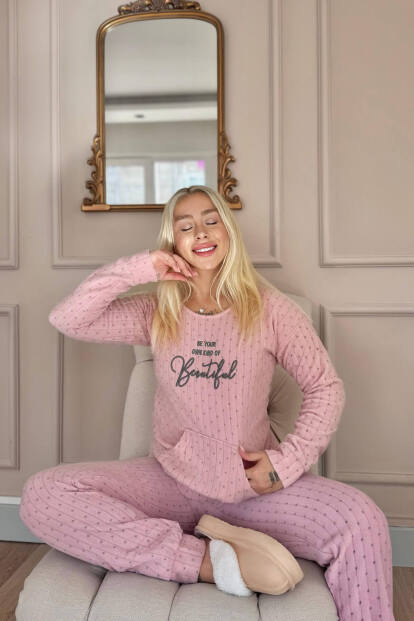 Açık Pembe Beautiful Desenli Kanguru Cepli Peluş Polar Pijama Takımı - 3