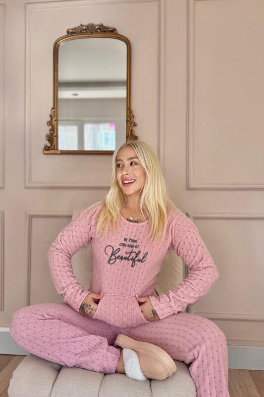 Açık Pembe Beautiful Desenli Kanguru Cepli Peluş Polar Pijama Takımı - Pijamaevi (3)