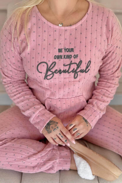 Açık Pembe Beautiful Desenli Kanguru Cepli Peluş Polar Pijama Takımı - 5