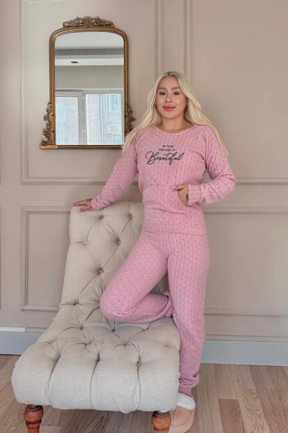 Açık Pembe Beautiful Desenli Kanguru Cepli Peluş Polar Pijama Takımı - 6