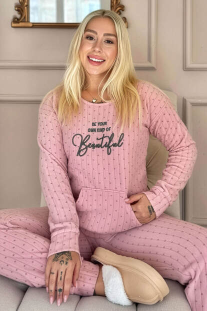 Açık Pembe Beautiful Desenli Kanguru Cepli Peluş Polar Pijama Takımı - 7
