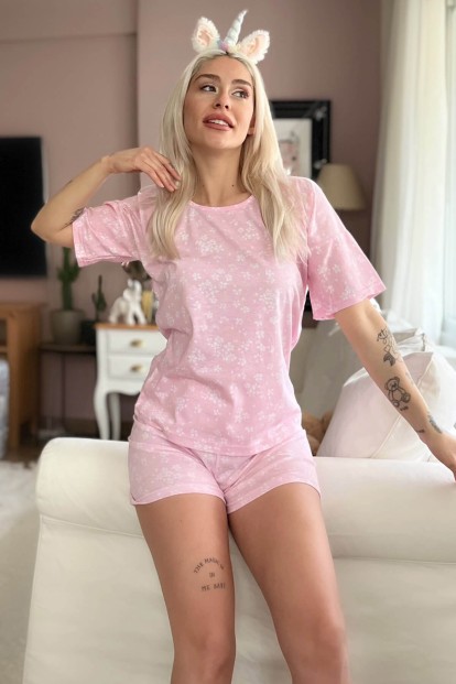 Açık Pembe Blatt Baskılı Şortlu Kadın Pijama Takımı - 1