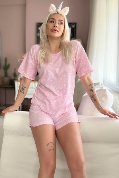 Açık Pembe Blatt Baskılı Şortlu Kadın Pijama Takımı - 2