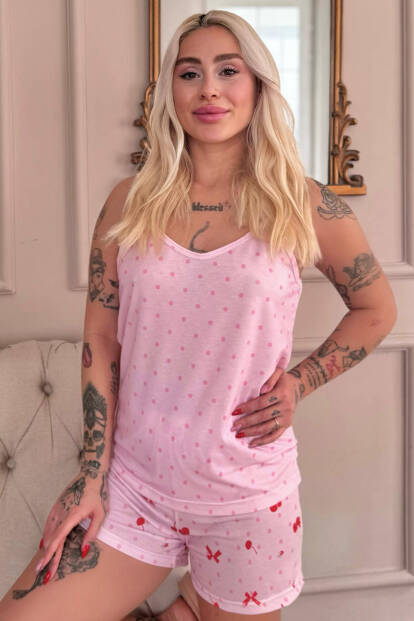 Açık Pembe Cherry Desenli İp Askılı Şortlu Kadın Pijama Takımı - 6