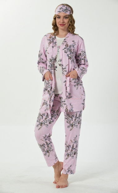 Açık Pembe Çiçek Kuş Desenli Sabahlıklı Pijama Takımı - 1