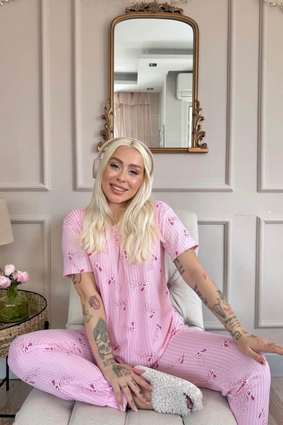 Açık Pembe Desenli Kısa Kol Örme Zincir Kadın Pijama Takımı - 2