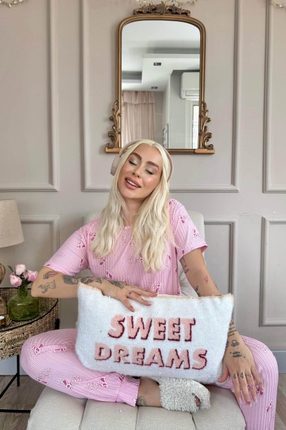 Açık Pembe Desenli Kısa Kol Örme Zincir Kadın Pijama Takımı - 3