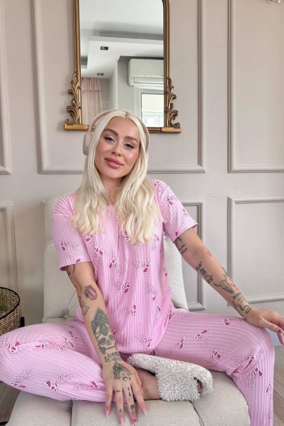 Açık Pembe Desenli Kısa Kol Örme Zincir Kadın Pijama Takımı - 4