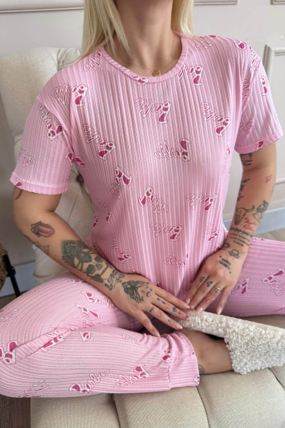 Açık Pembe Desenli Kısa Kol Örme Zincir Kadın Pijama Takımı - 5