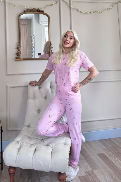 Açık Pembe Desenli Kısa Kol Örme Zincir Kadın Pijama Takımı - 6