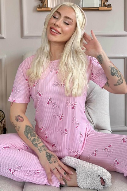 Açık Pembe Desenli Kısa Kol Örme Zincir Kadın Pijama Takımı - 7