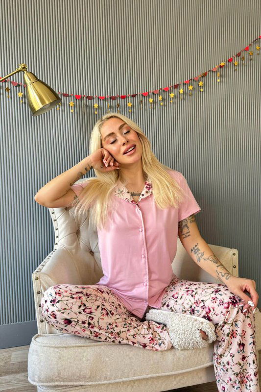 Açık Pembe Florado Exclusive Önden Düğmeli Kısa Kollu Kadın Pijama Takımı - Pijamaevi (2)