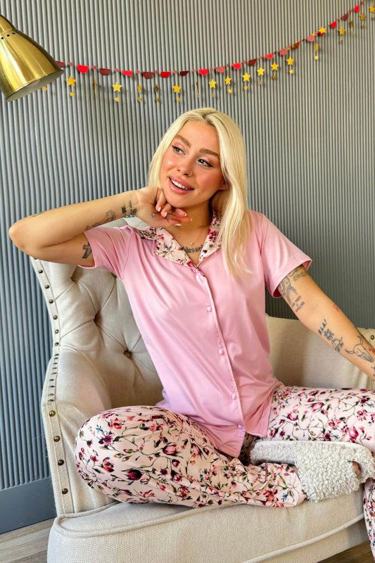 Açık Pembe Florado Exclusive Önden Düğmeli Kısa Kollu Kadın Pijama Takımı - Pijamaevi (3)