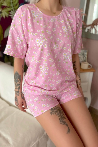 Açık Pembe Flowers Baskılı Şortlu Kadın Pijama Takımı - 4
